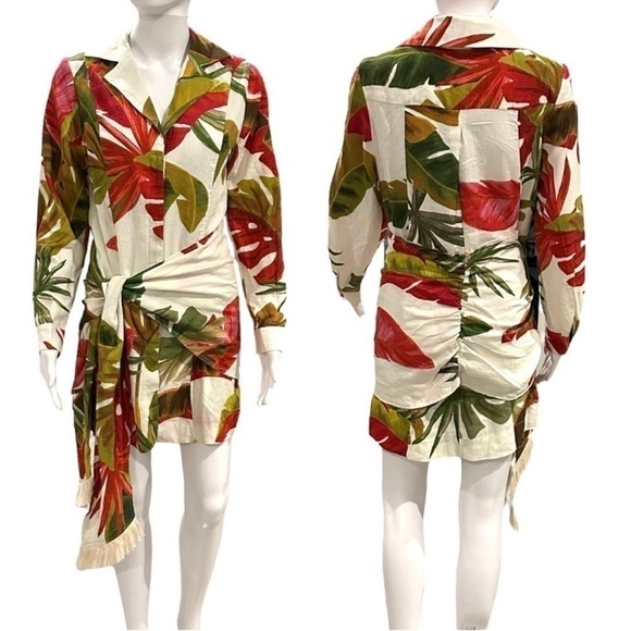 FARM Rio Spring Forest Floral Front Wrap Long Sleeve Shirt Mini Dress NEW Small - Picture 13 of 14